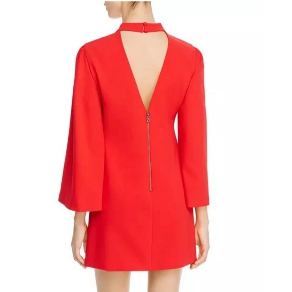 Alice & Olivia Bailey Mini Dress Red Mock Neck V-Back Zip 3/4 Bell Sleeve SZ 8 - Picture 2 of 16